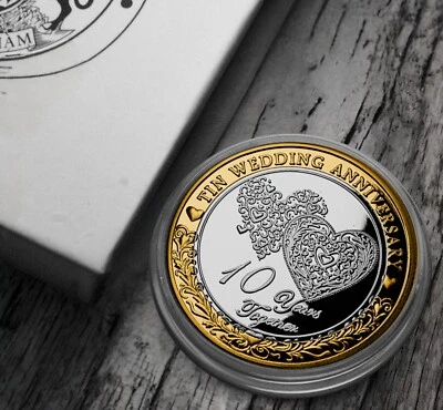 THE COMMEMORATIVE COIN COMPANY 10th Tin Wedding Anniversary Dual Metal Commemorative Coin. Gift Box. Present 10