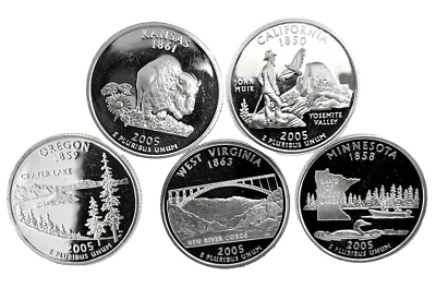 2005 S 5 Coin Year Set 50 States US Quarter 25c Gem Deep Cameo Proof 90% Silver - Image 1 of 4