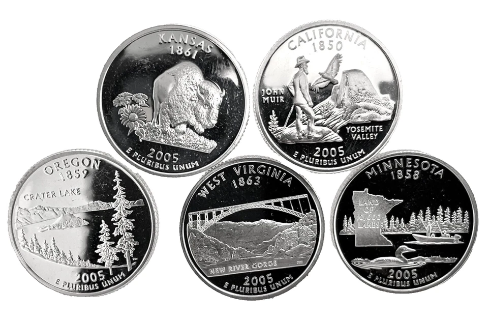 2005 S 5 Coin Year Set 50 States US Quarter 25c Gem Deep Cameo Proof 90% Silver - Image 1 of 4