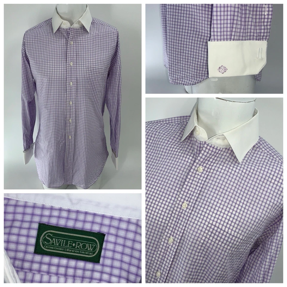 Savile Row French Cuff Dress Shirt 15.5 33 Purple White Check Cotton YGI X4-124 - Image 1 of 4