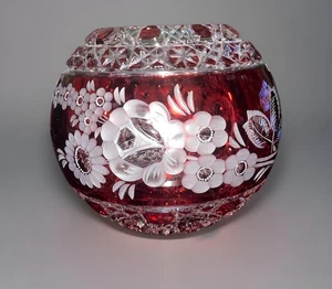 Vintage Bohemian Floral Cranberry Red Cut to Clear Lead Crystal Rose Bowl- Large - Picture 1 of 5