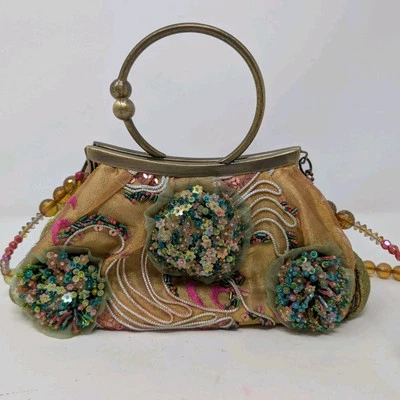 De Colección Mary Frances Bolso Cartera Cierre a Presión Cuentas Remolinos Floral Verde Rosa Boho Foto 1 de 4