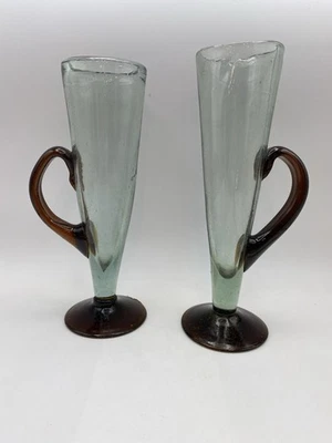 Hand Blown Decorative Tall Brown Clear Heavy Thick Beer Glasses - Image 1 of 4