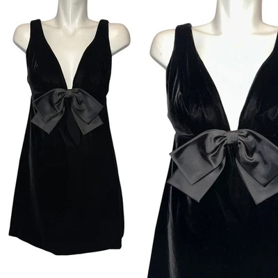 Mini Vestido De Colección Años 80 Terciopelo Negro Cuello en V Lazo Fiesta de Vacaciones Talla 9 Para Mujer Foto 1 de 4