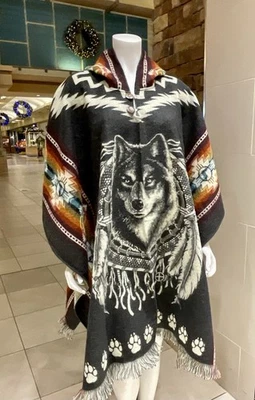 HANDCRAFTED ALPACA WOOL PONCHO, DREAMCATCHER WOLF, Dark Gray, Made In Ecuador - Image 1 of 4