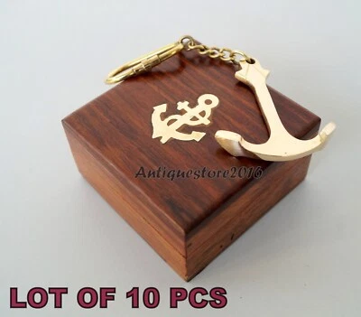Nautical Brass Anchor Key Chain Vintage With Wooden Box Gift Item Lot Of 10 Pcs - Image 1 of 3