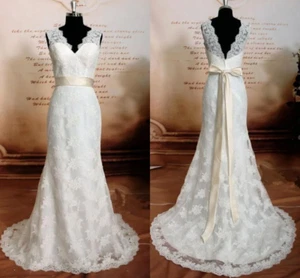 Real Images A Line Lace Wedding Dresses With Sash Bow V Neck Appliques - Picture 1 of 8