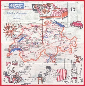 c1970 Paper Placemat MOTELS IN LIECHTENSTEIN w/ Highway Map Cartoons Directory - Picture 1 of 10