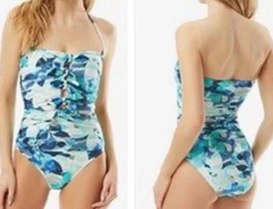 610 Carmen Marc Valvo Lush Verdure Ruched bandeau One-Piece swimsuit BLUE sz 12 - Picture 1 of 1