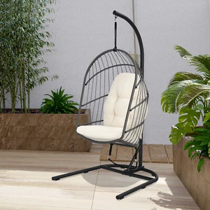 Patiojoy Foldable Hanging Wicker Egg Chair w/ Stand Cushion Indoor Outdoor Beige - Picture 1 of 7