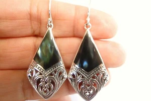Black Seashell Ornate 925 Sterling Silver Dangle Drop Hook Earrings - Picture 1 of 4