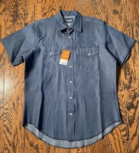 Wrangler Cowboy Cut Denim Short Sleeve Pearl Snap Work Western Classic Fit Sz L - Picture 1 of 7