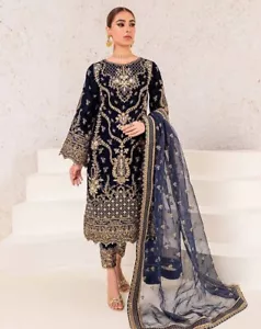 Exclusive Wear Heavy Blue Color Chinnon Silk Salwar Kameez With Dupatta - Picture 1 of 8