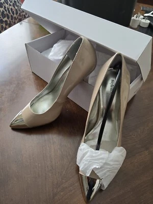 Style& Co. sz 9漆皮棕褐色银色一脚蹬高跟鞋 — 第 1/4 张图片