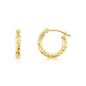 14K Solid Yellow Gold Hand Engraved X Diamond-Cut Round Hoop Earrings All Sizes - Picture 1 of 29