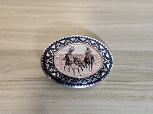 Fibbia per cintura Rodeo Cowboys tricolore nero argento color rame sud-ovest - Foto 1 di 6