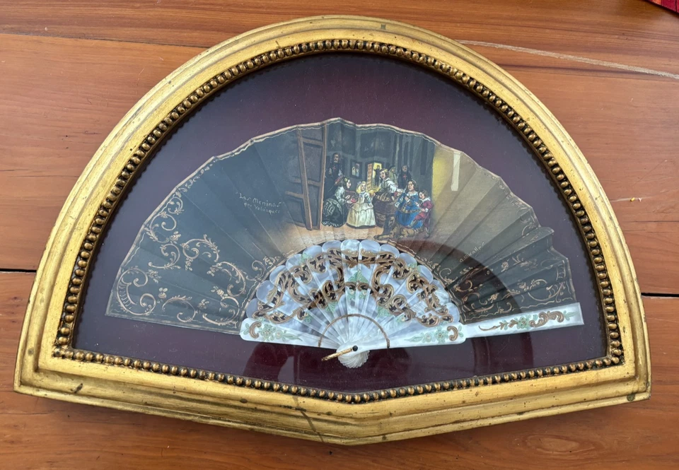 Framed Spanish fan 17" x 23" Shadowbox Gilt signed A. Miralles las meninas - Image 1 of 4