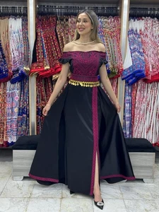 Luxury Red Embroidered Tatreez Short Sleeves Maxi Thob Black 2 layer-Dress - Picture 1 of 3