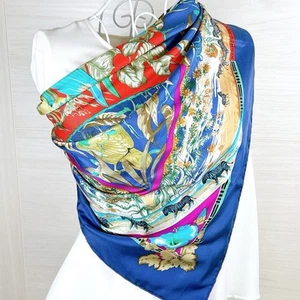 Vtg HERMES Carre 90 Silk Scarf Tropiques by Laurence Bourthoumieux 35" Blue Used - Picture 1 of 23