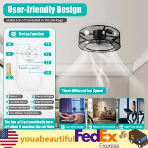 Modern LED Ceiling Fan Light Semi Flush Mount Caged Fan Lamp with Remote Control - Picture 1 of 12