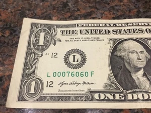 FANCY SERIAL NUMBER 1 DOLLAR BILL   ZIP CODE KENNEDALE, TX.  TRINARY  MISALIGNED - Picture 1 of 5