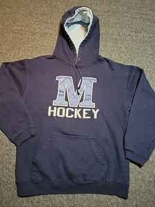 Vntg Maine Hockey Adult Sz MED University College Hoodie Navy Blue Embossed Y2K  - Picture 1 of 9