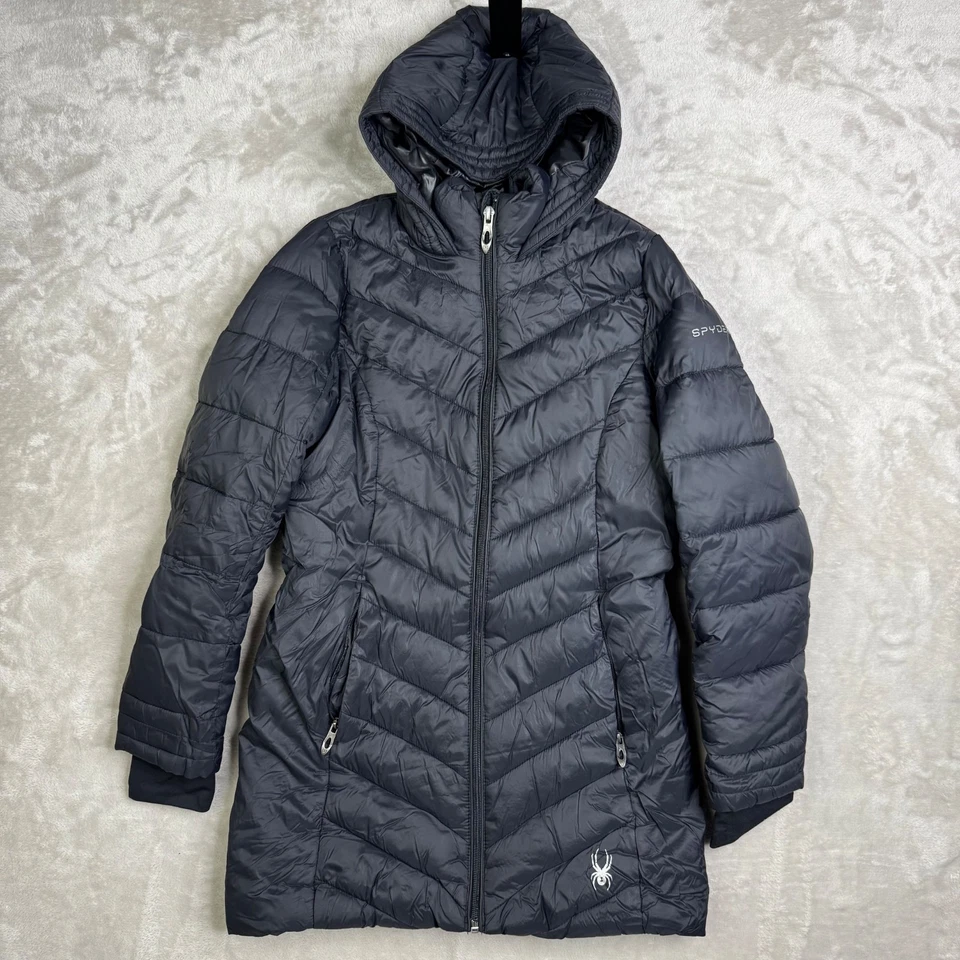 Abrigo de invierno aislado Spyder chaqueta acolchada largo negro cremallera completa con capucha mediano Foto 1 de 4