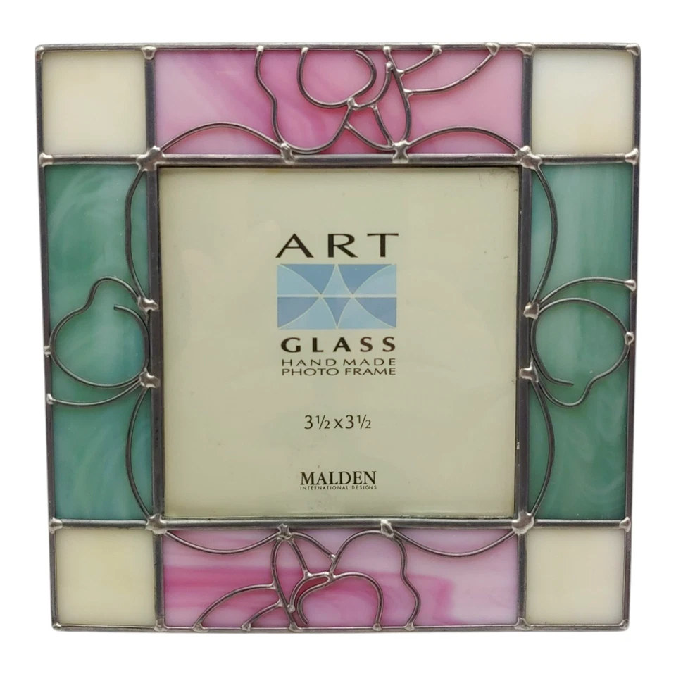 Leaded Stained Glass Picture Frame - 3.5" Pastel Green Pink Floral Rose Flowers - Image 1 of 4