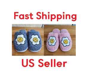 Women Furry Smile Flower soft winter warm Slippers casual house indoor Pink Gray - Picture 1 of 8
