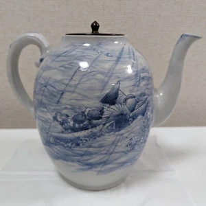 Antique Japanese Arita Hirado Porcelain Large Tea Pot Blue & White Boat & Rocks - Picture 1 of 24