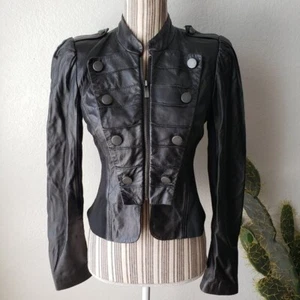 BeBe 100% Leather Jacket Military Biker Black Puff Sleeve size S Goth Victorian - Picture 1 of 16
