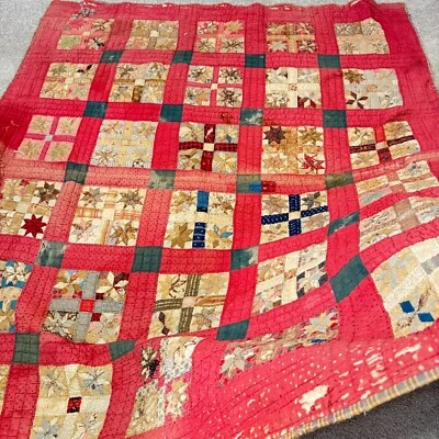 vintage handmade quilt twin patchwork feed sack cotton 8 point stars primitive - Image 1 of 4