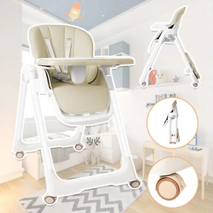Klappbar Baby Hochstuhl Kinderstuhl Höhenverstellbarer Essstuhl mit Rädern Beige - Bild 1 von 9