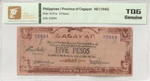 1945 Philippines 5 Pesos Pick#S191a TQG Genuine - Picture 1 of 2