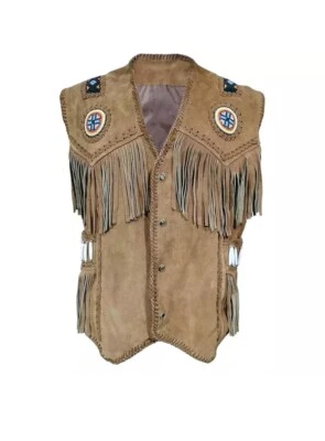 Brown Western Suede Leather Vest Native American Beaded Fringe Cowboy  Vest - Image 1 of 4