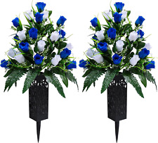 2 Sets Artificial Cemetery FlowersOutdoor Grave Decorations White+dark Blue