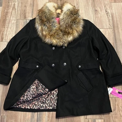 Abrigo Betsey Johnson Negro Mezcla Lana Guisante Cuello Piel Sintética Estampado Animal 3X Nuevo con Etiquetas Foto 1 de 4
