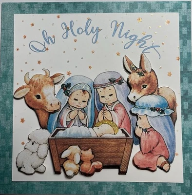 Tarjeta de felicitación hecha a mano arte 3D Navidad Oh Noche Santa pesebre chatarra por Kim Foto 1 de 2