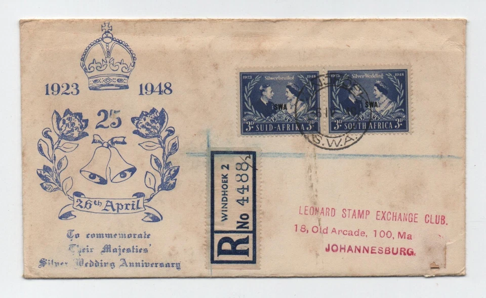 COVER FDC SWA SOUTH WEST AFRICA TO SOUTH AFRICA 1948 REGISTERED LABEL RUNNING - Image 1 of 2