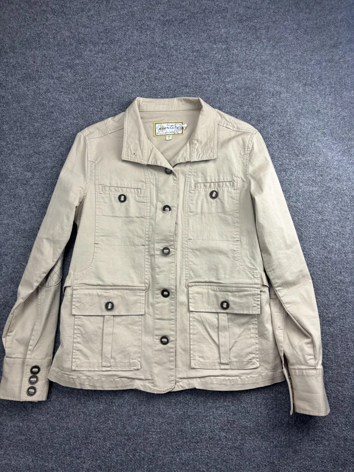Chaqueta Aventura para mujer grande beige algodón orgánico utilitario safari bolsillos de campo Foto 1 de 4