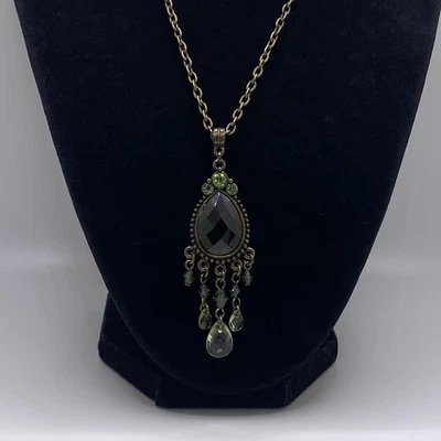 1928 Brand Victorian Style Green Faceted Acrylic Rhinestone Pendant Necklace - Image 1 of 4