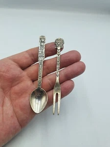Rare Vintage Hecho en Mexico Mayan Aztec Sterling Silver Spoon & Fork - Foto 1 di 9