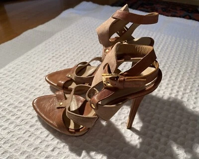 Sandalias de tacón alto HERVE LEGER Helene de gamuza con tiras + plataforma de cuero 38 Foto 1 de 4