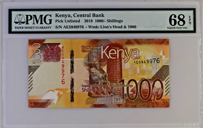 2019 Kenya 1000 Shillings Wmk: Lion's Head PMG 68 Superb Gem Unc TOP POP! - Image 1 of 2