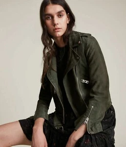 Women's Leather Jacket Green Suede Pure Goatskin Moto Biker Jacket S M L XL -028 - Picture 1 of 7