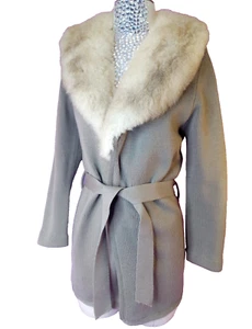 1960s SAKRI Taupe Zephyr Wool Wrap Cardigan Sweater MCM VTG Fur Collar Tie Belt - Picture 1 of 10