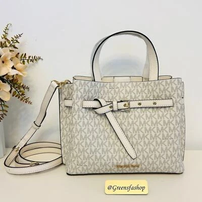 Michael Kors Emilia Small Satchel Crossbody Bag Light Cream MK Signature