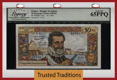 TT PK 143a 1959-61 FRANCE BANQUE 50 NOUVEAUX FRANCS PMG 65 PPQ GEM TIED AS BEST! - Image 1 of 2