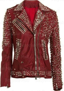 New Women's Punk Rock Red Silver Spiked Studded Cowhide Biker Leather Jacket-688 - Picture 1 of 3