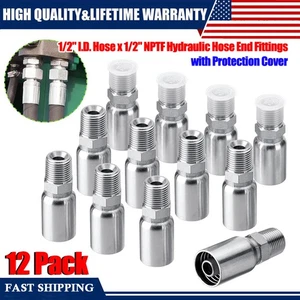 12 Pack 1/2" Hose x 1/2" NPTF Male Pipe Thread Hydraulic Hose End Crimp Fittings - Picture 1 of 18